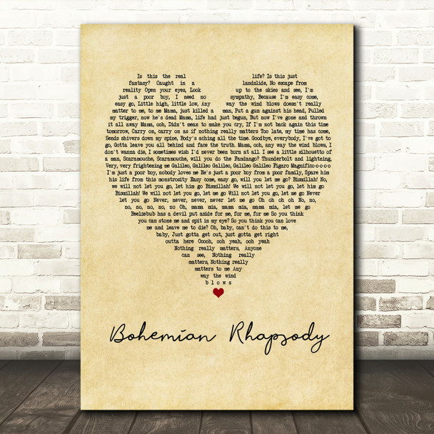 Queen Bohemian Rhapsody Vintage Heart Song Lyric Quote Print