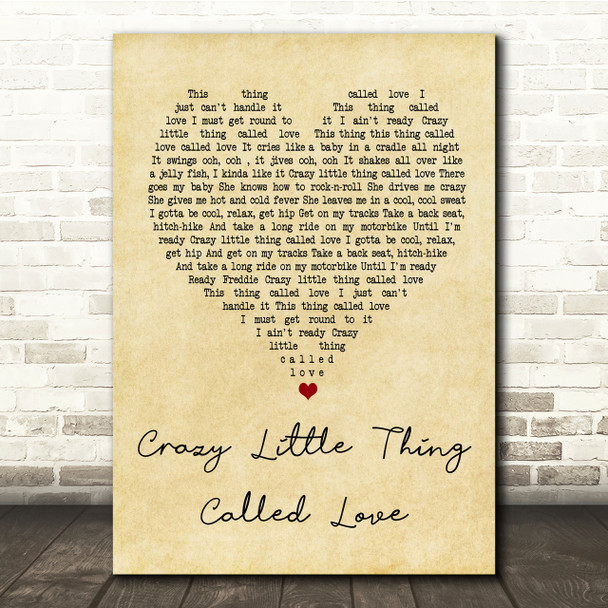 Queen Crazy Little Thing Called Love Vintage Heart Song Lyric Quote Print