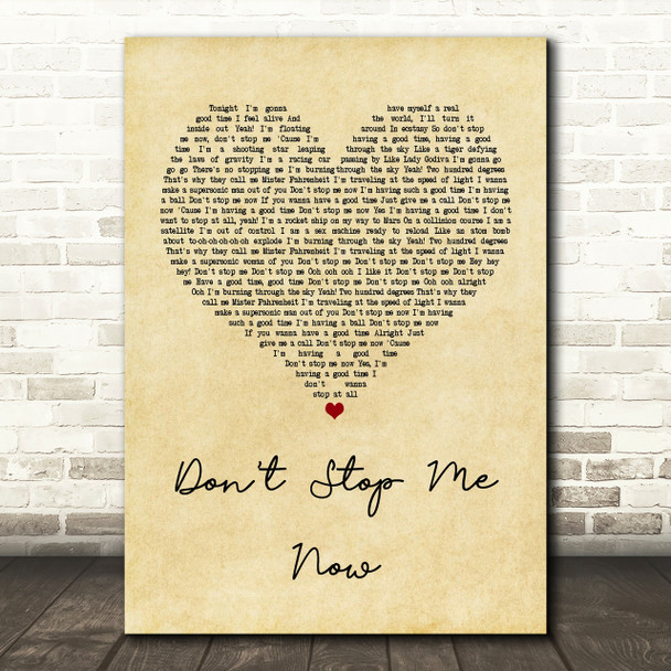 Queen Don't Stop Me Now Vintage Heart Song Lyric Quote Print