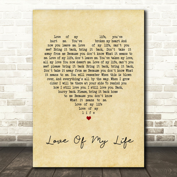 Queen Love Of My Life Vintage Heart Song Lyric Quote Print