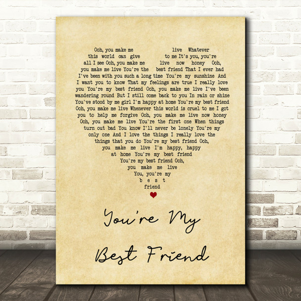 Queen You're My Best Friend Vintage Heart Song Lyric Quote Print
