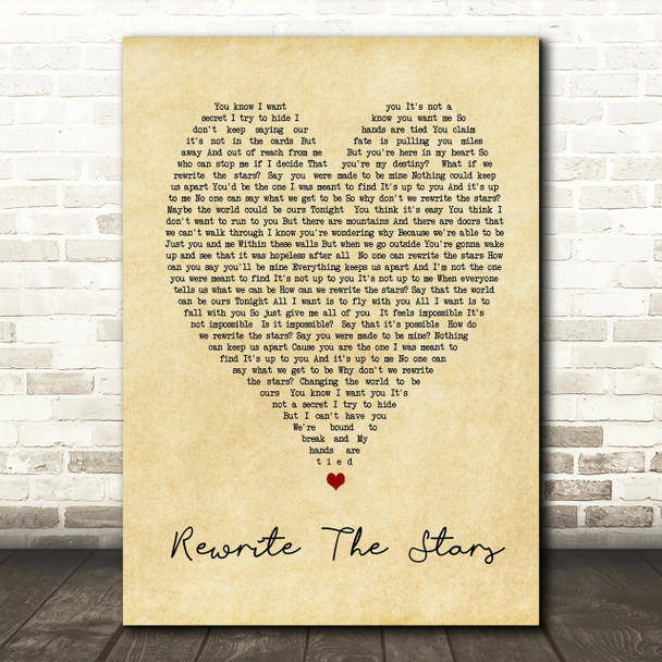 Rewrite The Stars The Greatest Showman Vintage Heart Song Lyric Quote Print