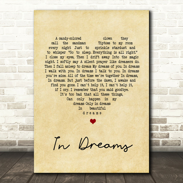 Roy Orbison In Dreams Vintage Heart Song Lyric Quote Print