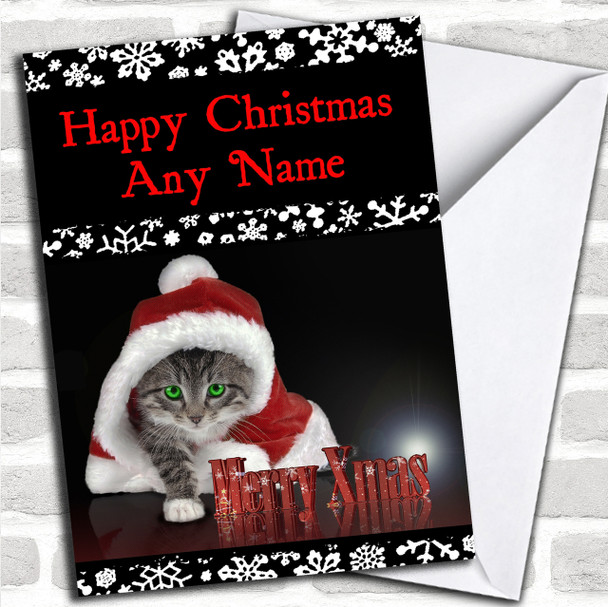 Green Eye Cat Christmas Card Personalized