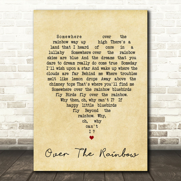 Somewhere Over The Rainbow Judy Garland Vintage Heart Song Lyric Quote Print