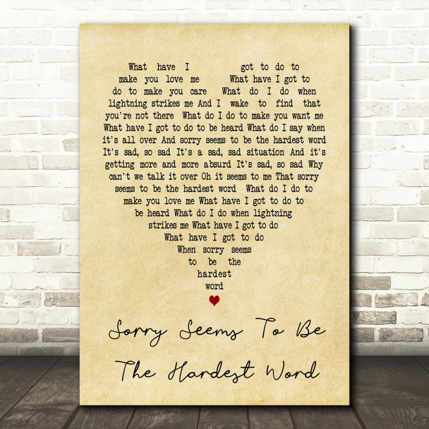 Sorry Seems To Be The Hardest Word Elton John Vintage Heart Song Lyric Print