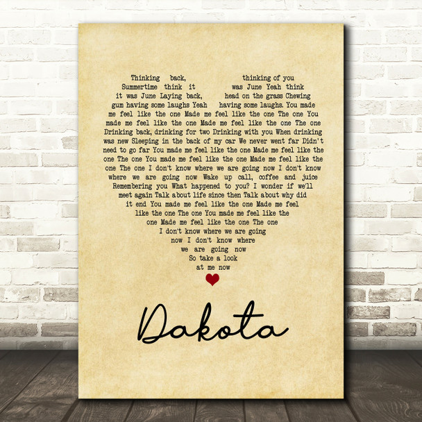 Stereophonics Dakota Vintage Heart Song Lyric Quote Print