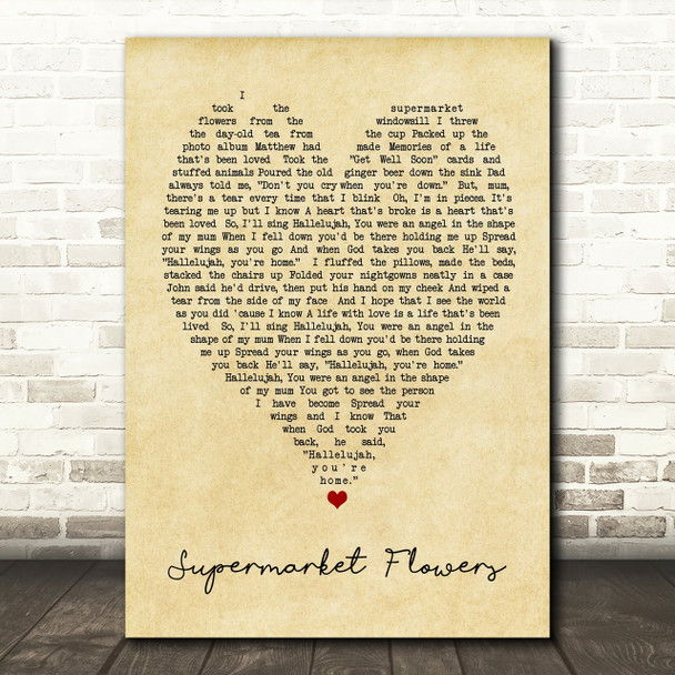 Supermarket Flowers Ed Sheeran Vintage Heart Quote Song Lyric Print