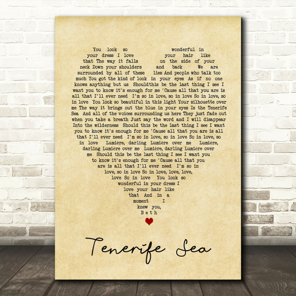 Tenerife Sea Ed Sheeran Vintage Heart Quote Song Lyric Print