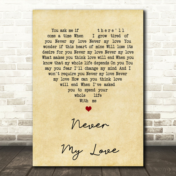 The Association Never My Love Vintage Heart Song Lyric Quote Print