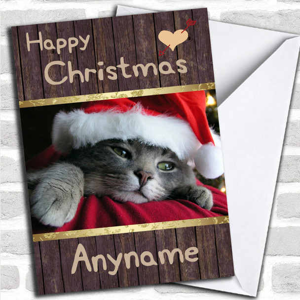 Cute Cat Santa's Hat Personalized Christmas Card