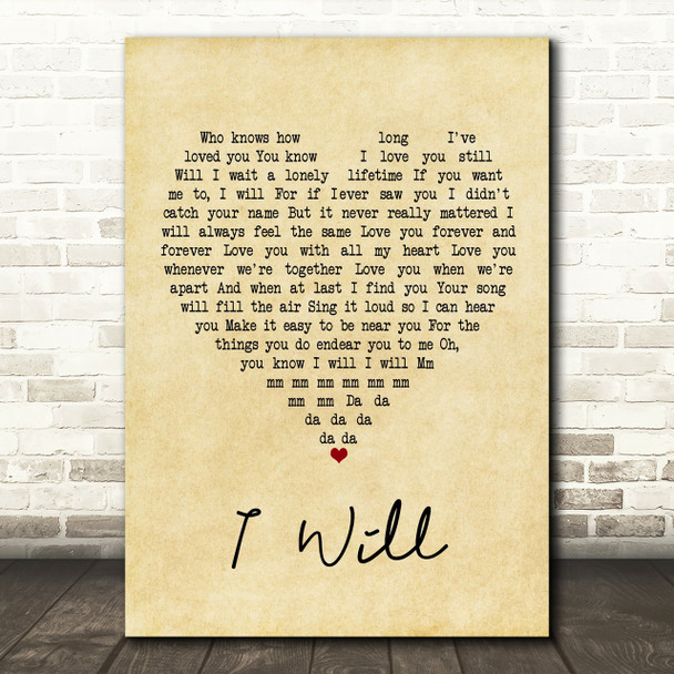 The Beatles I Will Vintage Heart Song Lyric Quote Print
