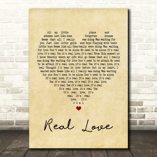 The Beatles Real Love Vintage Heart Song Lyric Quote Print