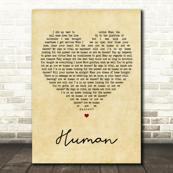 The Killers Human Vintage Heart Song Lyric Quote Print