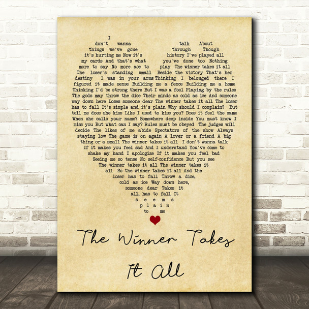 The Winner Takes It All ABBA Vintage Heart Quote Song Lyric Print