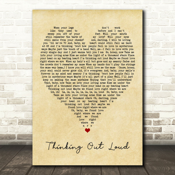 Thinking Out Loud Ed Sheeran Vintage Heart Quote Song Lyric Print