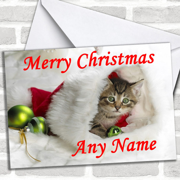 Kitten Hiding In Xmas Hat Personalized Christmas Card
