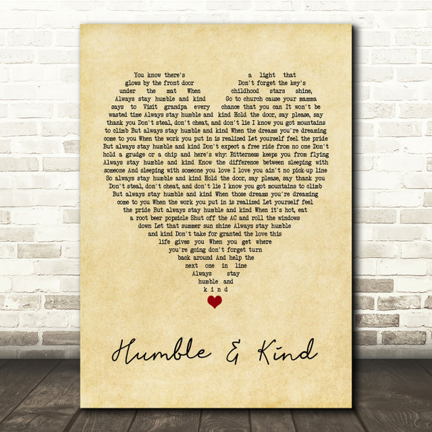 Tim McGraw Humble And Kind Vintage Heart Song Lyric Quote Print