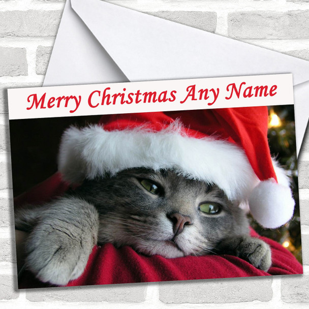 Cute Cat Wearing Xmas Hat Personalized Christmas Card