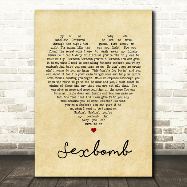 Tom Jones Sexbomb Vintage Heart Song Lyric Quote Print