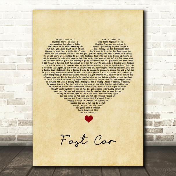 Tracy Chapman Fast Car Vintage Heart Song Lyric Quote Print
