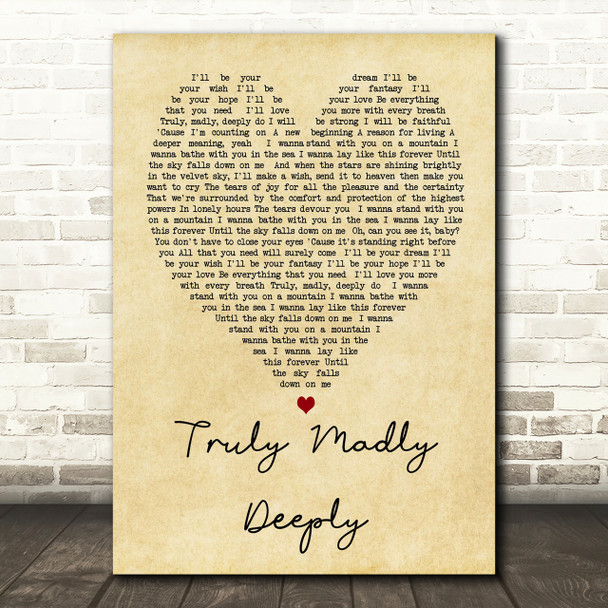 Truly Madly Deeply Savage Garden Vintage Heart Song Lyric Quote Print