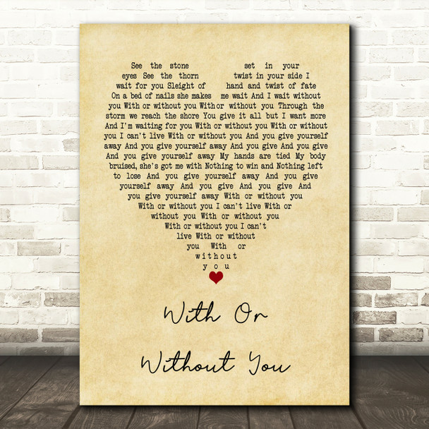 U2 With Or Without You Vintage Heart Song Lyric Quote Print