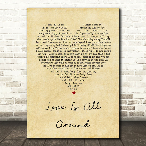 Wet Wet Wet Love Is All Around Vintage Heart Song Lyric Quote Print