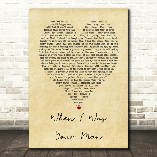 When I Was Your Man Bruno Mars Vintage Heart Song Lyric Quote Print