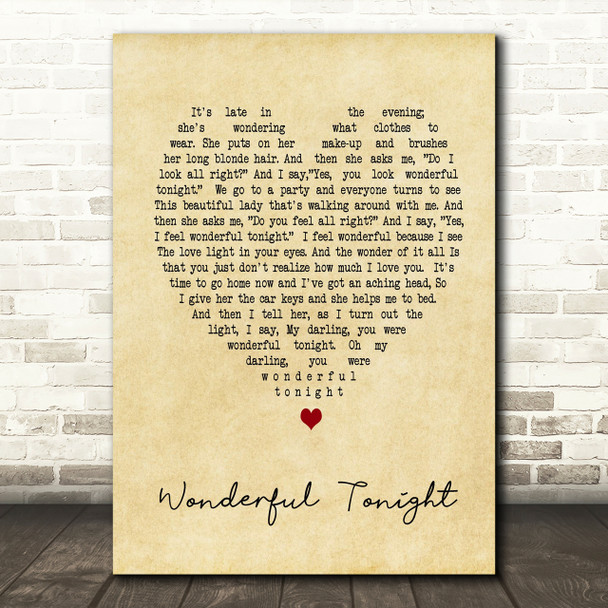 Wonderful Tonight Eric Clapton Vintage Heart Song Lyric Quote Print