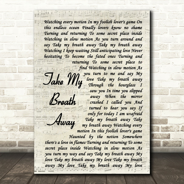 Berlin Take My Breath Away Vintage Script Song Lyric Quote Print