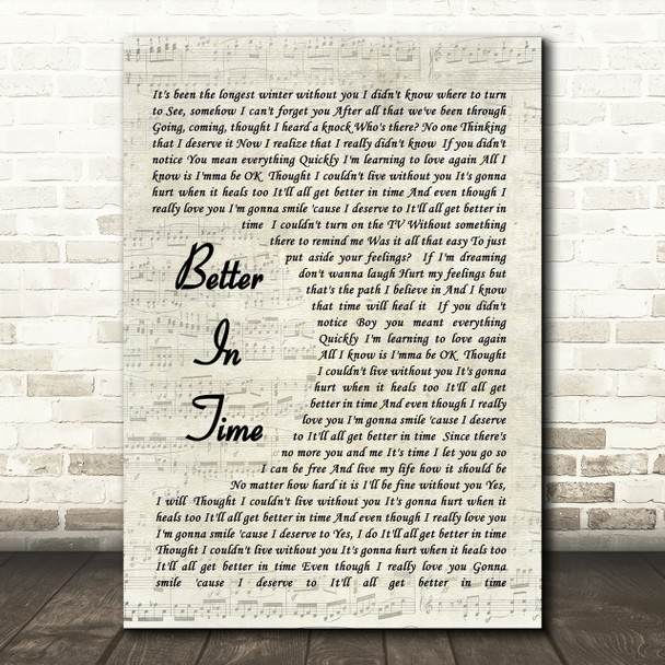 Better In Time Leona Lewis Song Lyric Vintage Script Quote Print