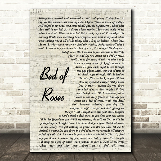 Bon Jovi Bed Of Roses Song Lyric Vintage Script Quote Print