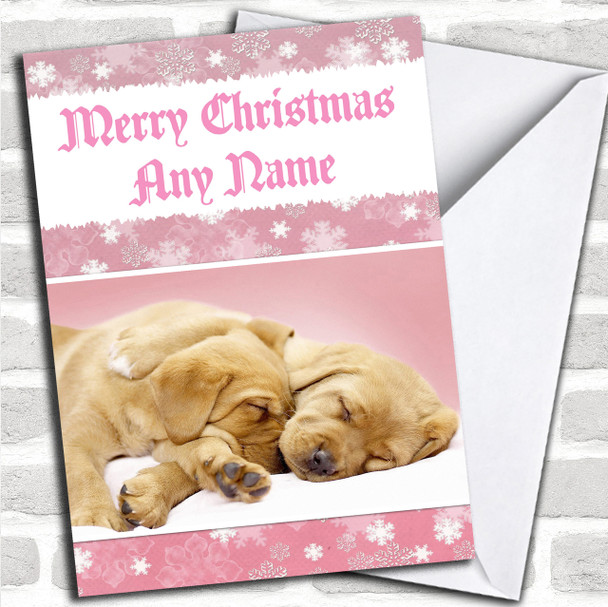 Sleeping Puppy Dogs Pink Personalized Christmas Card