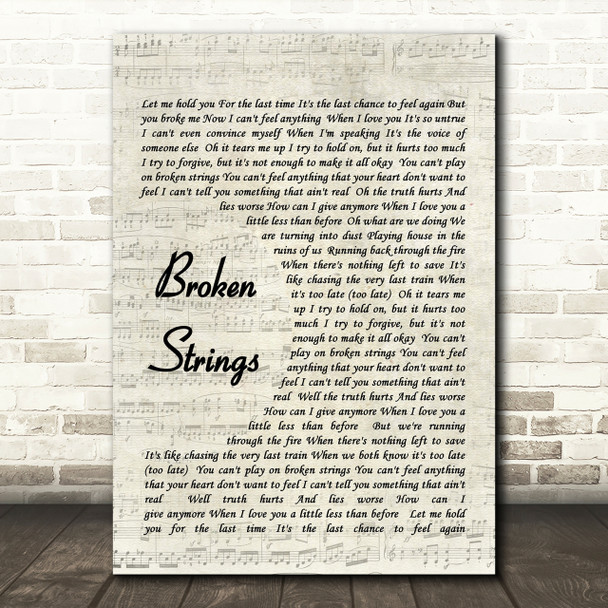 Broken Strings James Morrison Song Lyric Vintage Script Quote Print