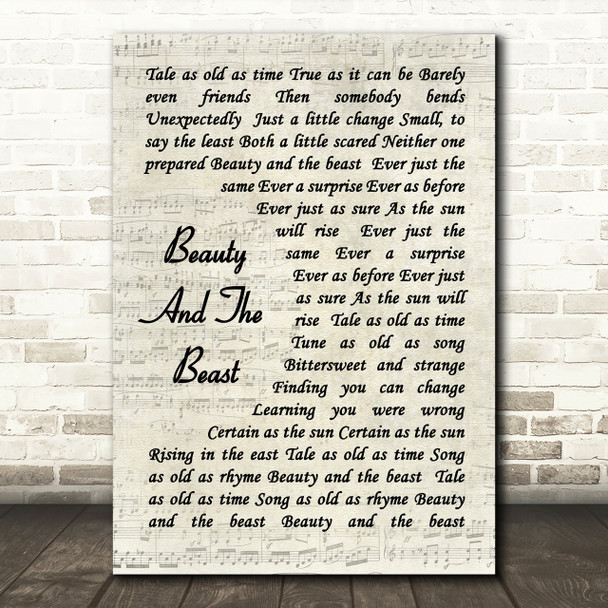 Celine Dione Beauty And The Beast Vintage Script Song Lyric Quote Print