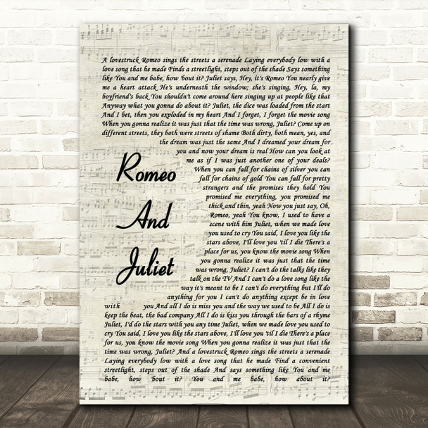 Dire Straits Romeo And Juliet Vintage Script Song Lyric Quote Print