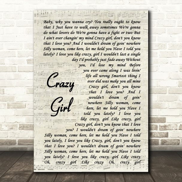 Eli Young Band Crazy Girl Song Lyric Vintage Script Quote Print