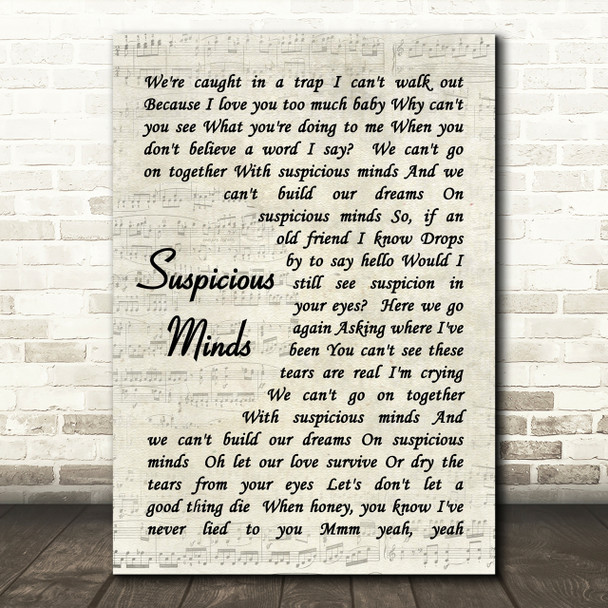 Elvis Presley Suspicious Minds Vintage Script Song Lyric Quote Print