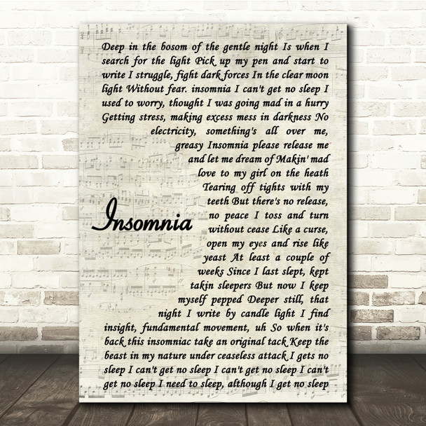 Faithless Insomnia Vintage Script Song Lyric Quote Print