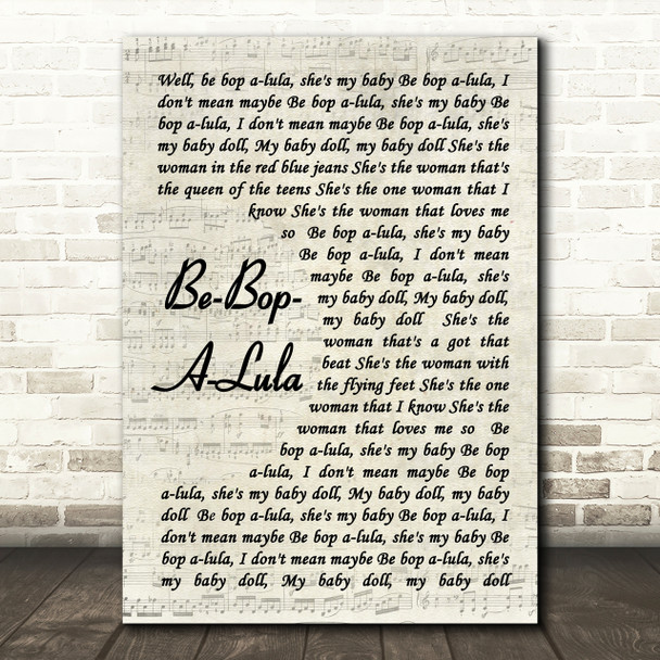 Gene Vincent Be-Bop-A-Lula Vintage Script Song Lyric Quote Print