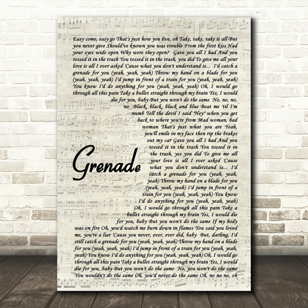 Grenade Bruno Mars Song Lyric Vintage Script Quote Print