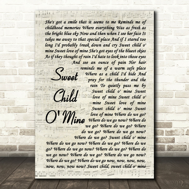 Guns N' Roses Sweet Child O' Mine Vintage Script Song Lyric Quote Print