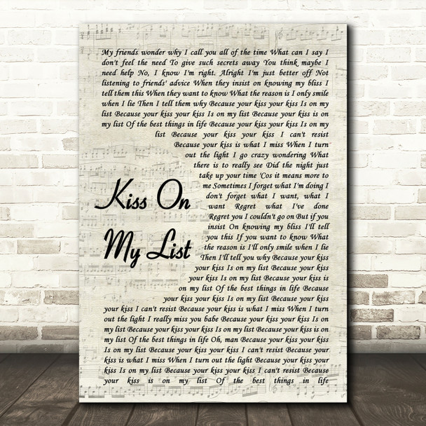 Hall & Oates Kiss On My List Song Lyric Vintage Script Quote Print