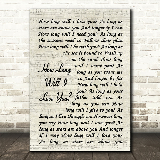 How Long Will I Love You Ellie Goulding Song Lyric Vintage Script Quote Print