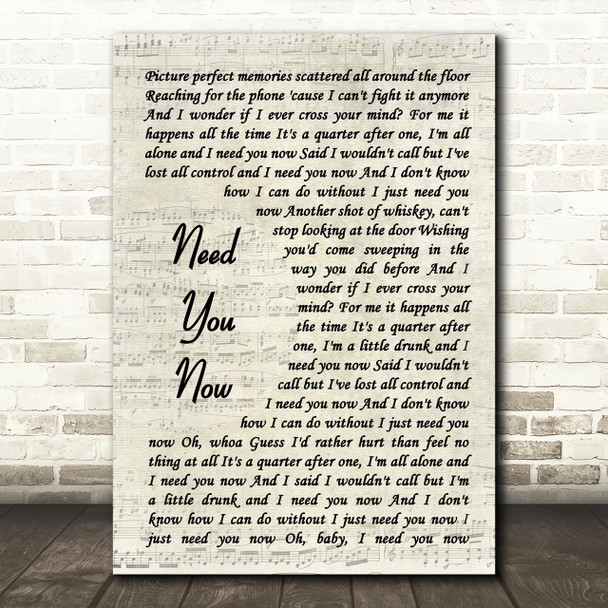 Lady Antebellum Need You Now Song Lyric Vintage Script Quote Print