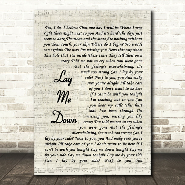 Lay Me Down Sam Smith Song Lyric Vintage Script Quote Print