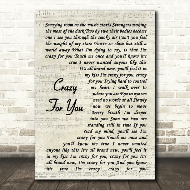 Madonna Crazy For You Vintage Script Song Lyric Quote Print