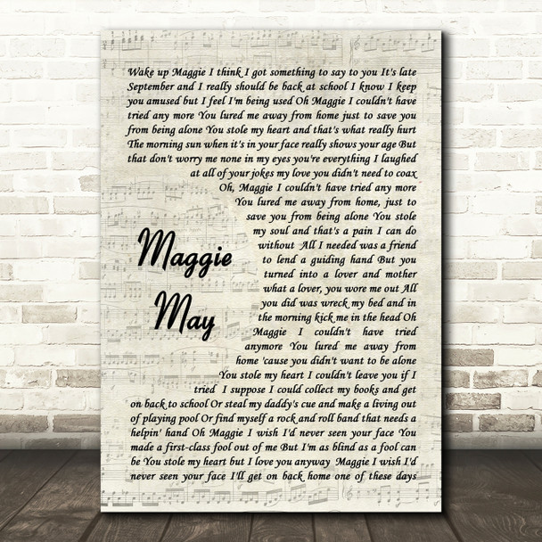 Maggie May Rod Stewart Song Lyric Vintage Script Quote Print