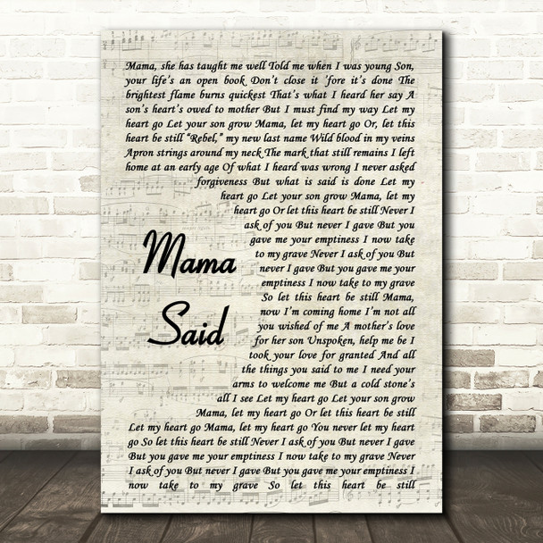 Metallica Mama Said Song Lyric Vintage Script Quote Print